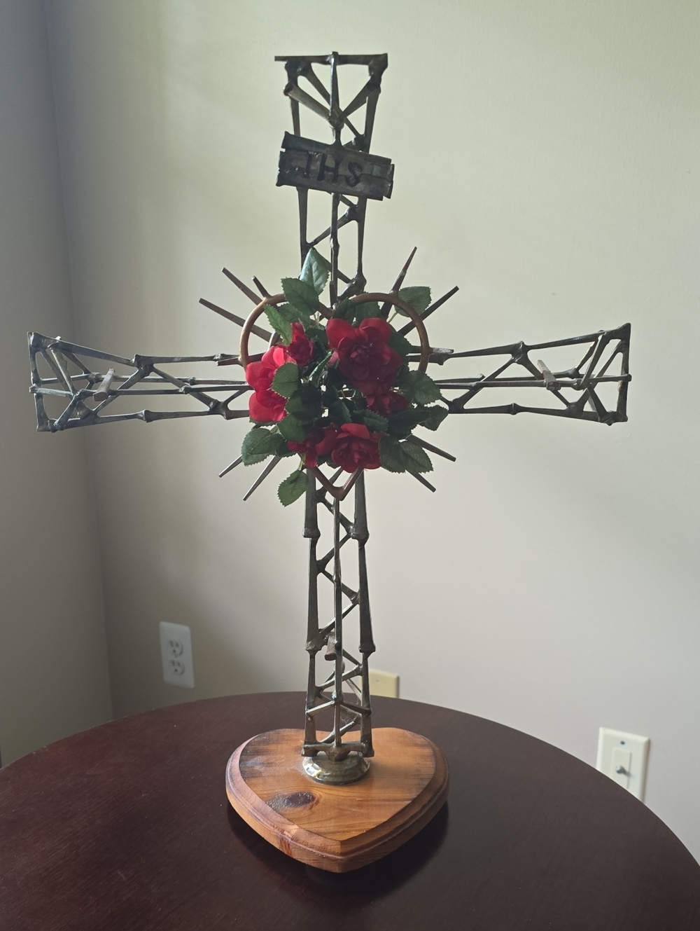 Artisan Brutalist Industrial folk art Nail Cross Rose Accent Wood Base Christian